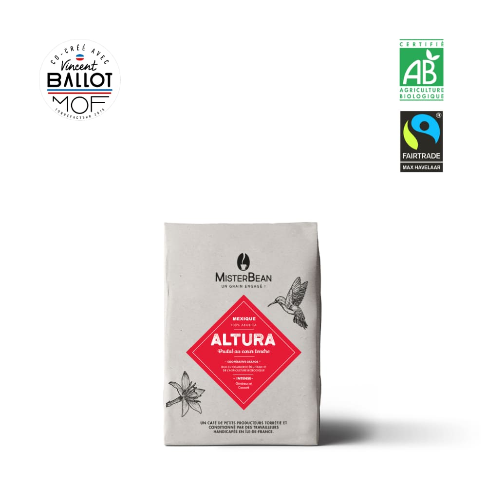 Emballe du café en grain Altura de chez MisterBean, avec le colibri comme symbole