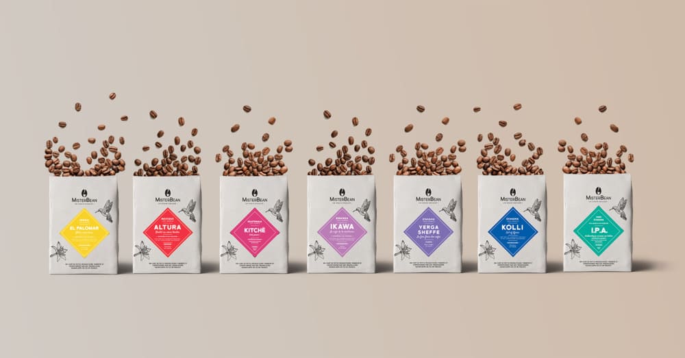 Gamme de café en grain MisterBean avec grain de café volant